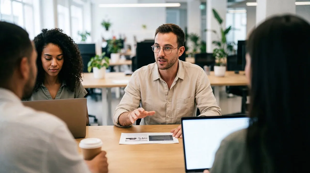 A small team gathered around a table in an office meeting.